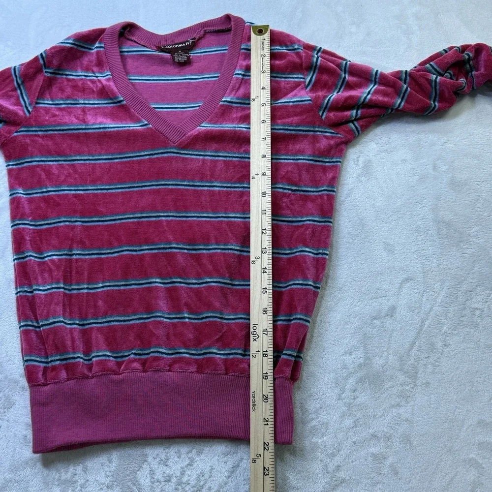 Vintage 70s California Ivy Velour Striped V Neck‎ Sweater Pink Medium